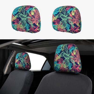 2 Pack Illustration Digital Art Leaf Print Universal Car Headrest Cover Elastic, Cute Stylish Car Seat Head Rest Cover Protector, Interior Front & Rear Seat Headrest Pads Decor For Womens Car Suv Auto
