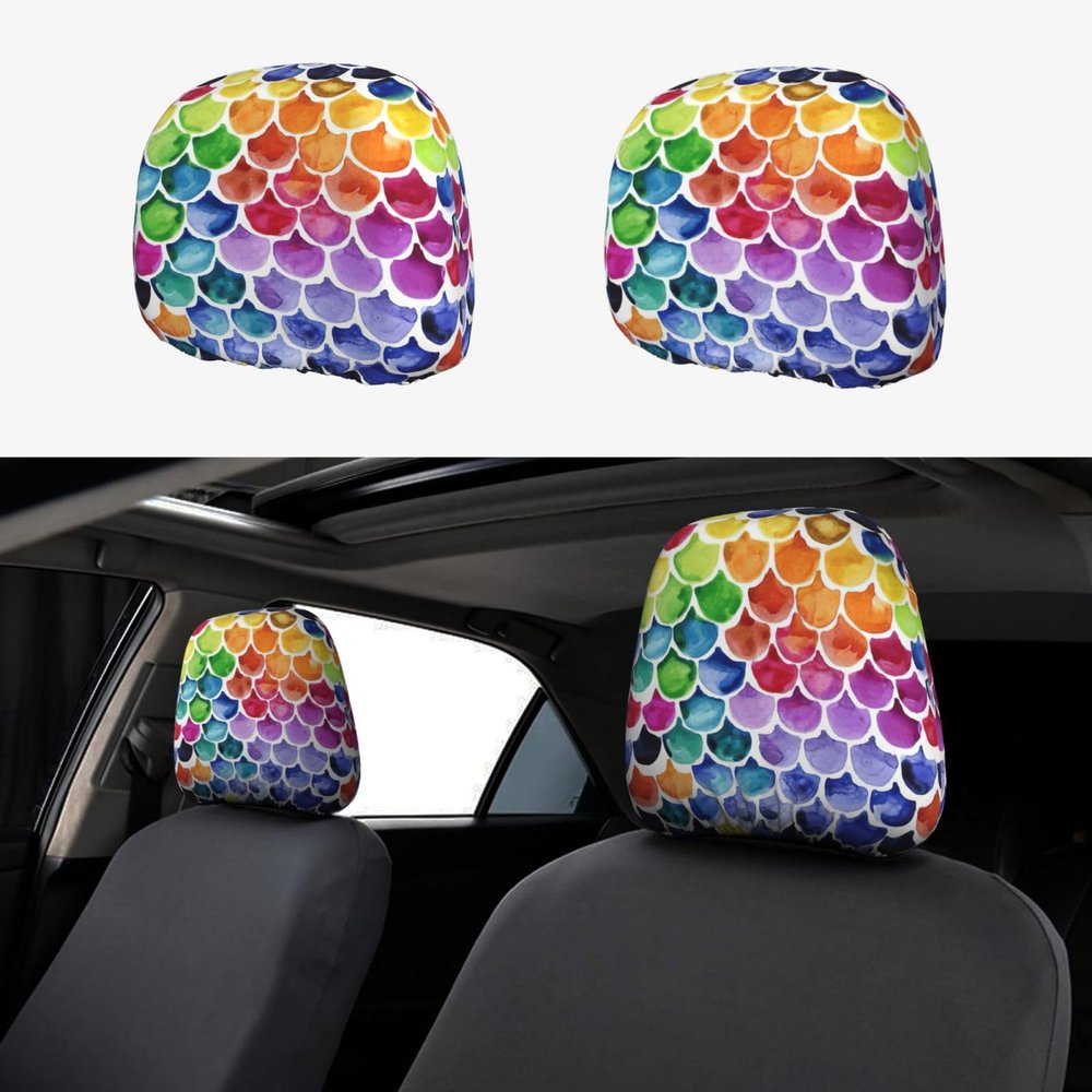hgnblsip 2 Pack Mermaid Fish Scale Print Universal Car Headrest Cover Elastic, Cute Stylish Car Seat Head Rest Cover Protector, Interior Front & Rear Seat Headrest Pads Decor for Womens Car SUV Auto