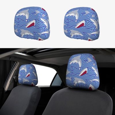 hgnblsip 2 Pack Foraging Shark Print Universal Car Headrest Cover Elastic, Cute Stylish Car Seat Head Rest Cover Protector, Interior Front & Rear Seat Headrest Pads Decor for Womens Car SUV Auto