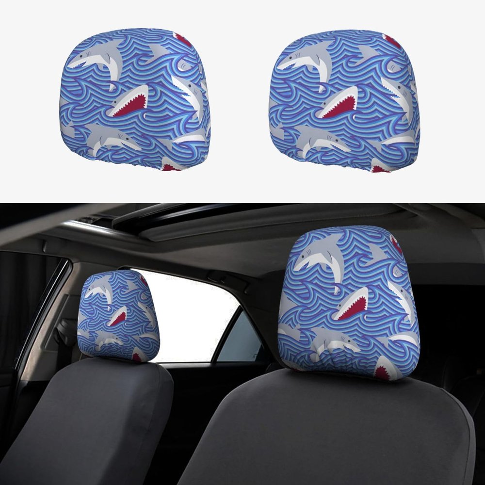 hgnblsip 2 Pack Foraging Shark Print Universal Car Headrest Cover Elastic, Cute Stylish Car Seat Head Rest Cover Protector, Interior Front & Rear Seat Headrest Pads Decor for Womens Car SUV Auto