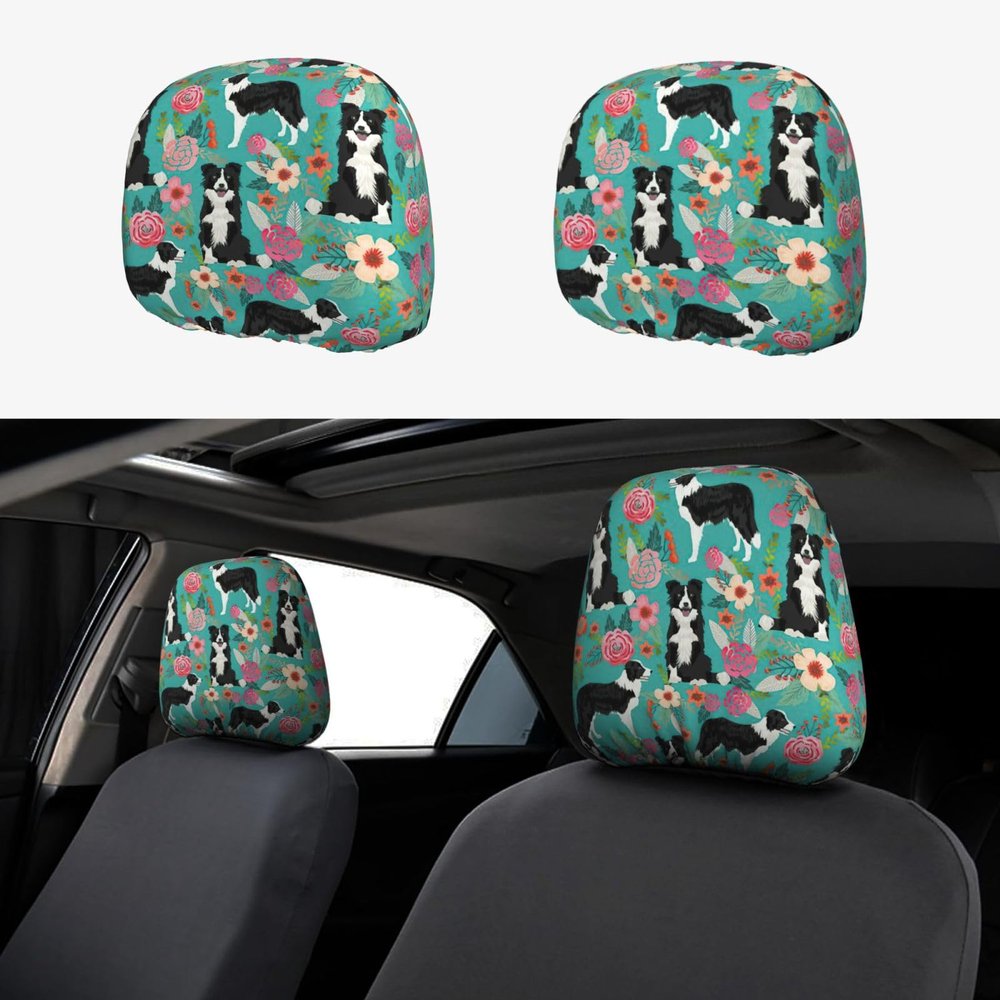2 Pack Border Collie Florals Print Universal Car Headrest Cover Elastic, Cute Stylish Car Seat Head Rest Cover Protector, Interior Front & Rear Seat Headrest Pads Decor For Womens Car Suv Auto