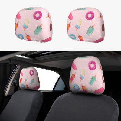 2 Pack Many Colored Ice Cream Print Universal Car Headrest Cover Elastic, Cute Stylish Car Seat Head Rest Cover Protector, Interior Front & Rear Seat Headrest Pads Decor For Womens Car Suv Auto