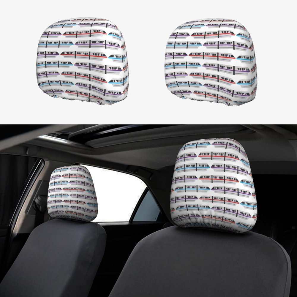 hgnblsip 2 Pack Monorail Train Print Universal Car Headrest Cover Elastic, Cute Stylish Car Seat Head Rest Cover Protector, Interior Front & Rear Seat Headrest Pads Decor for Womens Car SUV Auto