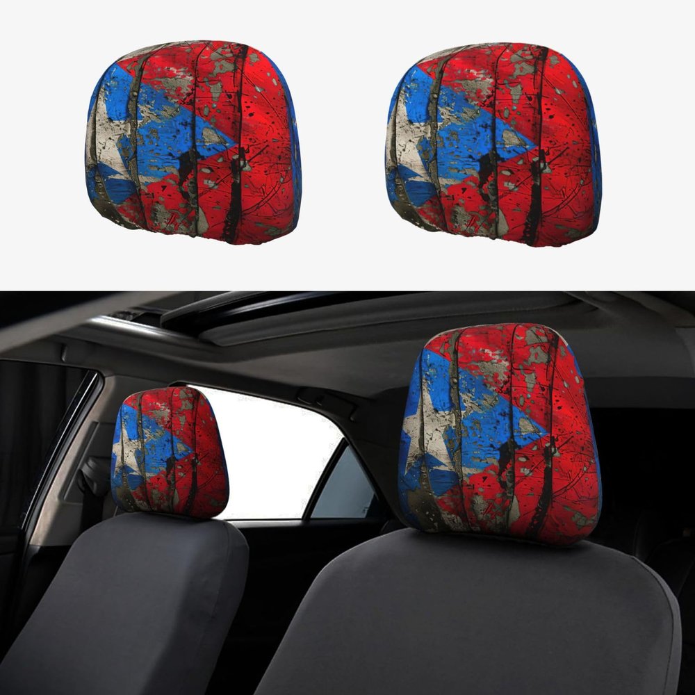 2 Pack Puerto Rico Wallpaper Flag Print Universal Car Headrest Cover Elastic, Cute Stylish Car Seat Head Rest Cover Protector, Interior Front & Rear Seat Headrest Pads Decor For Womens Car Suv Auto