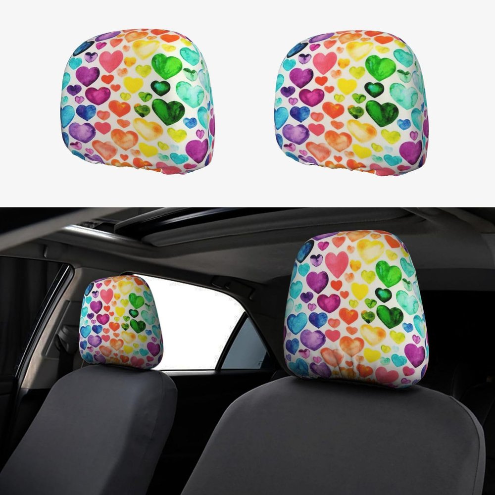 hgnblsip 2 Pack Rainbow Hearts Print Universal Car Headrest Cover Elastic, Cute Stylish Car Seat Head Rest Cover Protector, Interior Front & Rear Seat Headrest Pads Decor for Womens Car SUV Auto