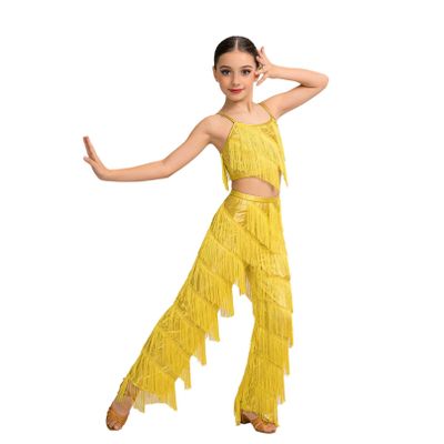 YiZYiF Kids Girls Modern Ballroom Costume Cami Tops with Pants Set Salsa Rumba Dancewear Tassel Latin Dance Outfit Gold 10 Years
