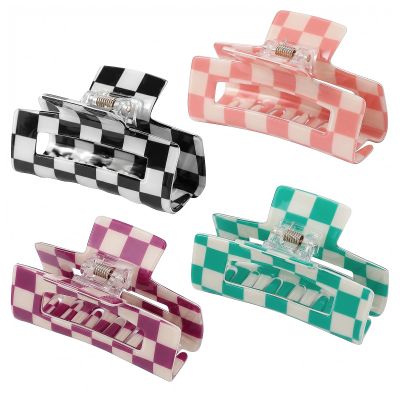 4 Pcs Checker Hair Claw Clips, Multicolored Plaid Vintage Rectangle Jaw Clips for Thin Thick Hair, Cute Non Slip Hair Clips pack for women girls Ladies