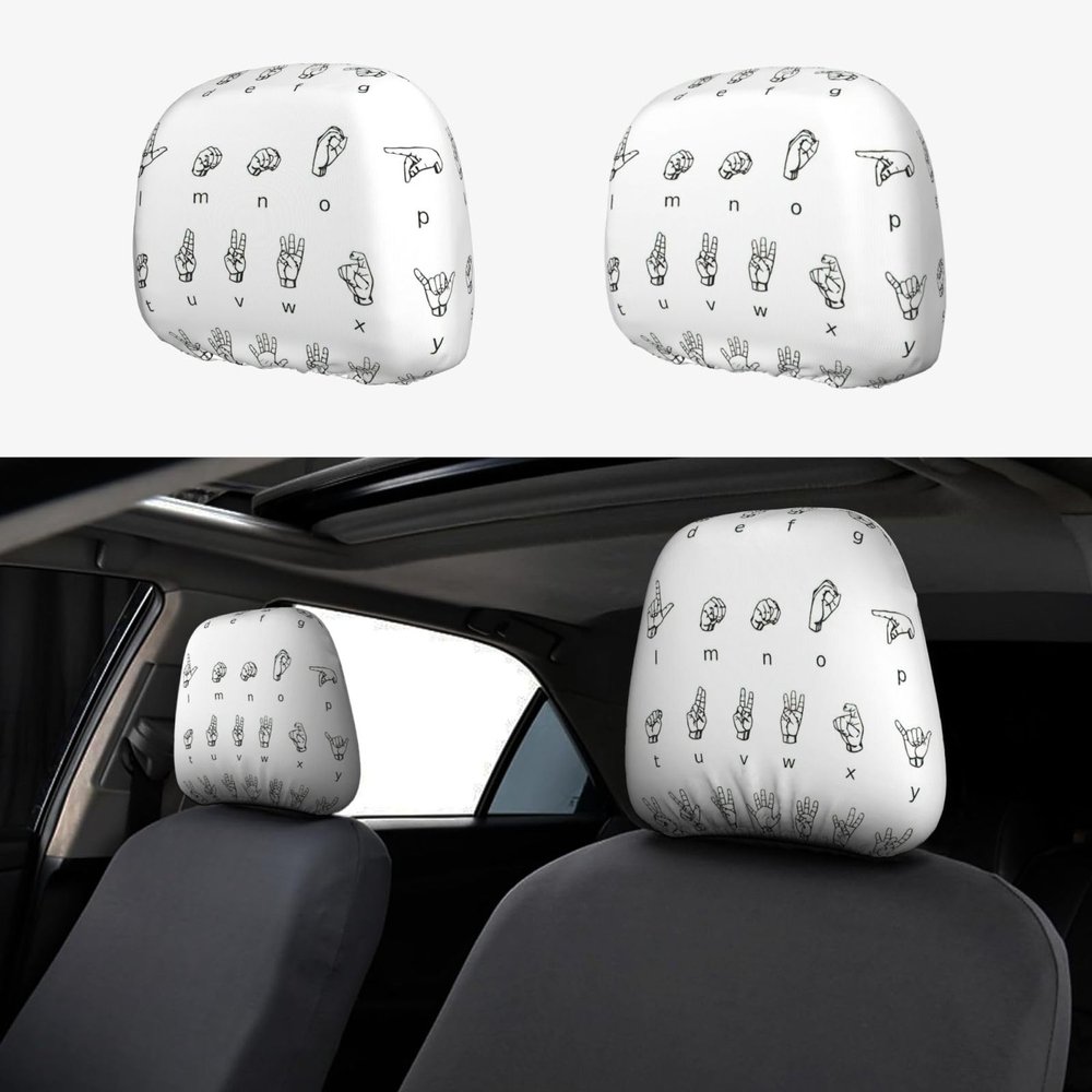 2 Pack Sign Language Alphabet. Print Universal Car Headrest Cover Elastic, Cute Stylish Car Seat Head Rest Cover Protector, Interior Front & Rear Seat Headrest Pads Decor For Womens Car Suv Auto