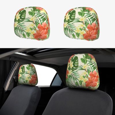 2 Pack Hojas Tropicales Y Flores Print Universal Car Headrest Cover Elastic, Cute Stylish Car Seat Head Rest Cover Protector, Interior Front & Rear Seat Headrest Pads Decor For Womens Car Suv Auto