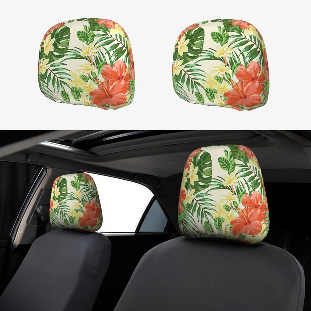 2 Pack Hojas Tropicales Y Flores Print Universal Car Headrest Cover Elastic, Cute Stylish Car Seat Head Rest Cover Protector, Interior Front & Rear Seat Headrest Pads Decor For Womens Car Suv Auto