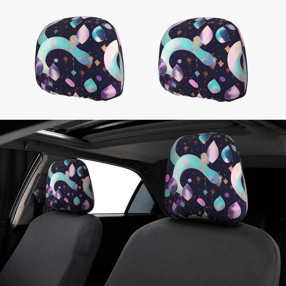 2 Pack Glittery Pretty Pattern Print Universal Car Headrest Cover Elastic, Cute Stylish Car Seat Head Rest Cover Protector, Interior Front & Rear Seat Headrest Pads Decor For Womens Car Suv Auto