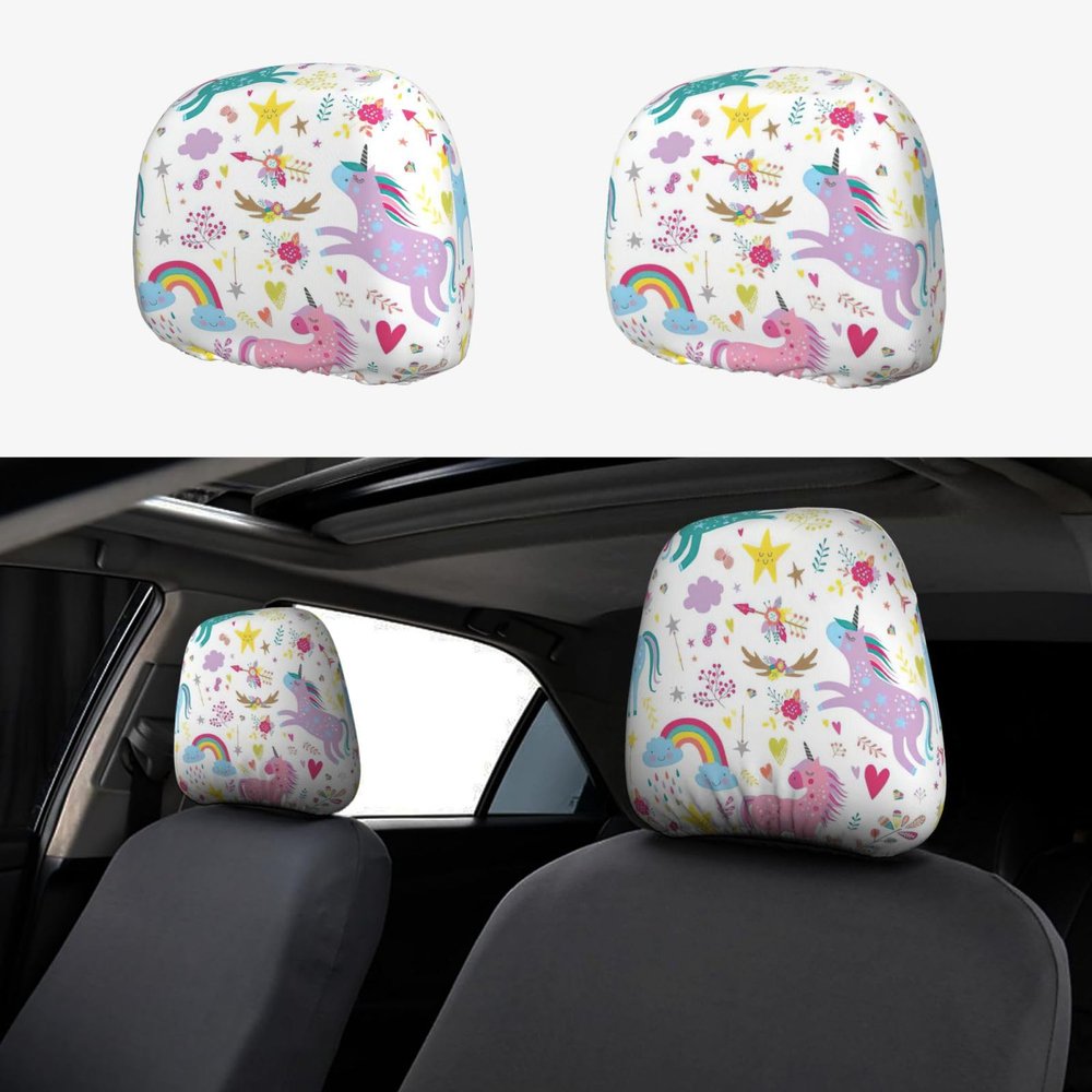 hgnblsip 2 Pack Unicorns Pink Print Universal Car Headrest Cover Elastic, Cute Stylish Car Seat Head Rest Cover Protector, Interior Front & Rear Seat Headrest Pads Decor for Womens Car SUV Auto