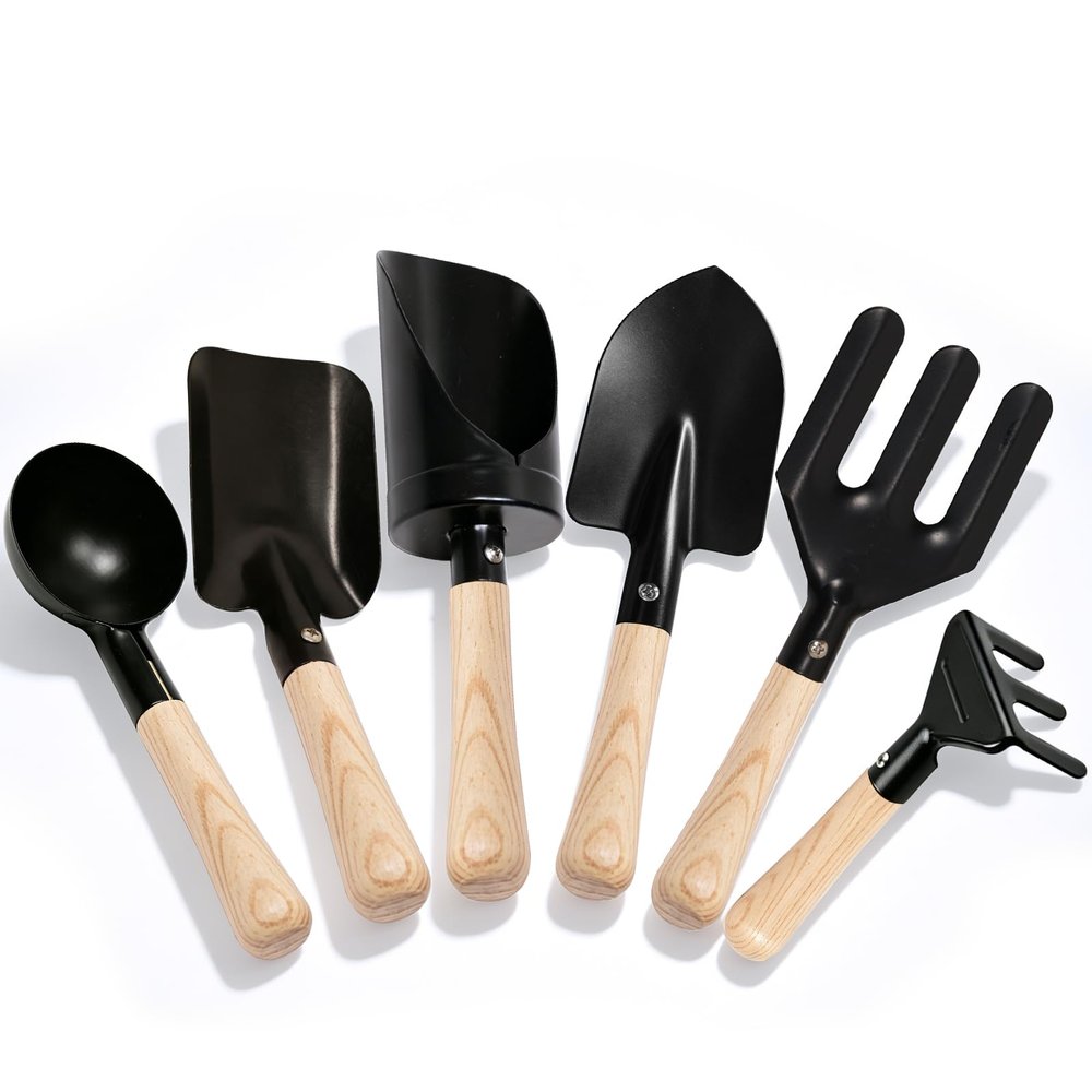 POMIKU Toddler Gardening Set 6 Wooden Handle Metal Tools for Kids, Montessori Outdoor Play Includes Shovel, Rake, Fork, Scoop & Sand Bucket Shovel Beach and Dirt Digging Toys for Boys & Girls