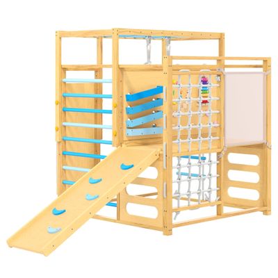 9-in-1 Wooden Indoor Jungle Gym with Slide for Kids 2-8, Blue
