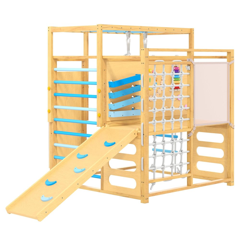 9-in-1 Wooden Indoor Jungle Gym with Slide for Kids 2-8, Blue