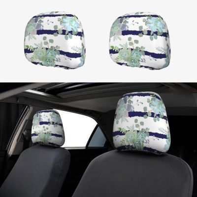 hgnblsip 2 Pack Striped Succulents Print Universal Car Headrest Cover Elastic, Cute Stylish Car Seat Head Rest Cover Protector, Interior Front & Rear Seat Headrest Pads Decor for Womens Car SUV Auto
