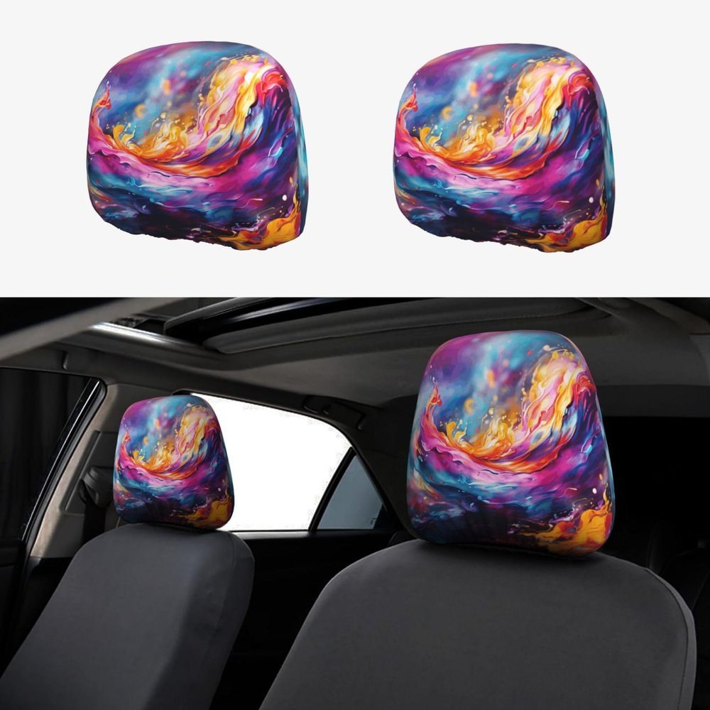 2 Pack Abstract Music Themed Print Universal Car Headrest Cover Elastic, Cute Stylish Car Seat Head Rest Cover Protector, Interior Front & Rear Seat Headrest Pads Decor For Womens Car Suv Auto
