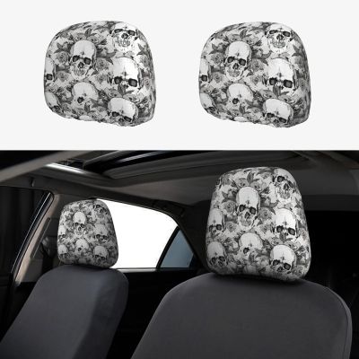 hgnblsip 2 Pack Skull Skeleton Print Universal Car Headrest Cover Elastic, Cute Stylish Car Seat Head Rest Cover Protector, Interior Front & Rear Seat Headrest Pads Decor for Womens Car SUV Auto