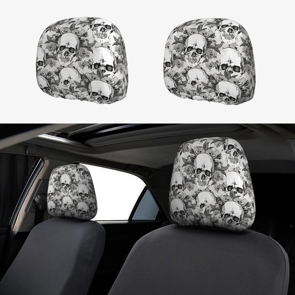hgnblsip 2 Pack Skull Skeleton Print Universal Car Headrest Cover Elastic, Cute Stylish Car Seat Head Rest Cover Protector, Interior Front & Rear Seat Headrest Pads Decor for Womens Car SUV Auto