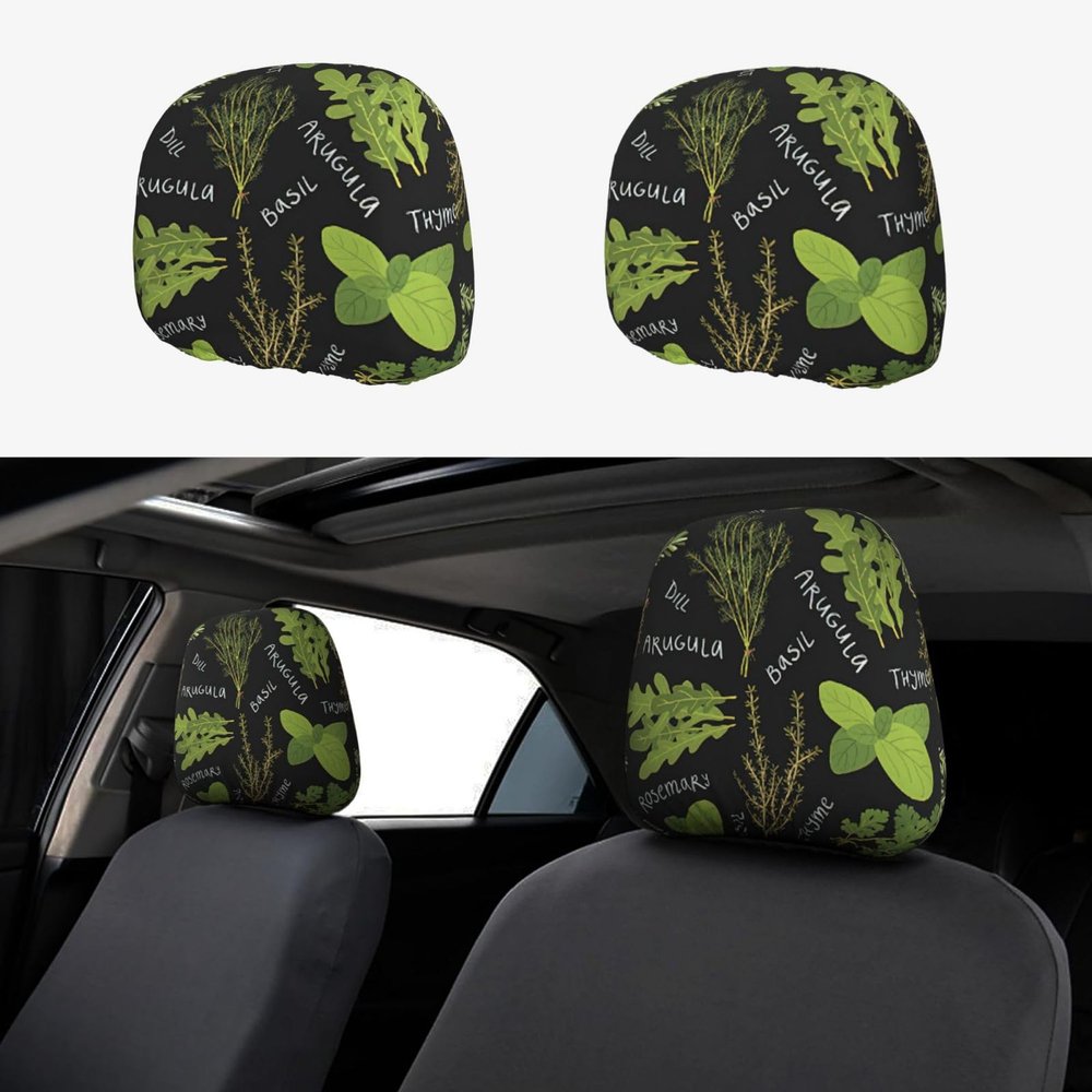 2 Pack Basil Thyme Dill & Rosemary Print Universal Car Headrest Cover Elastic, Cute Stylish Car Seat Head Rest Cover Protector, Interior Front & Rear Seat Headrest Pads Decor For Womens Car Suv Auto