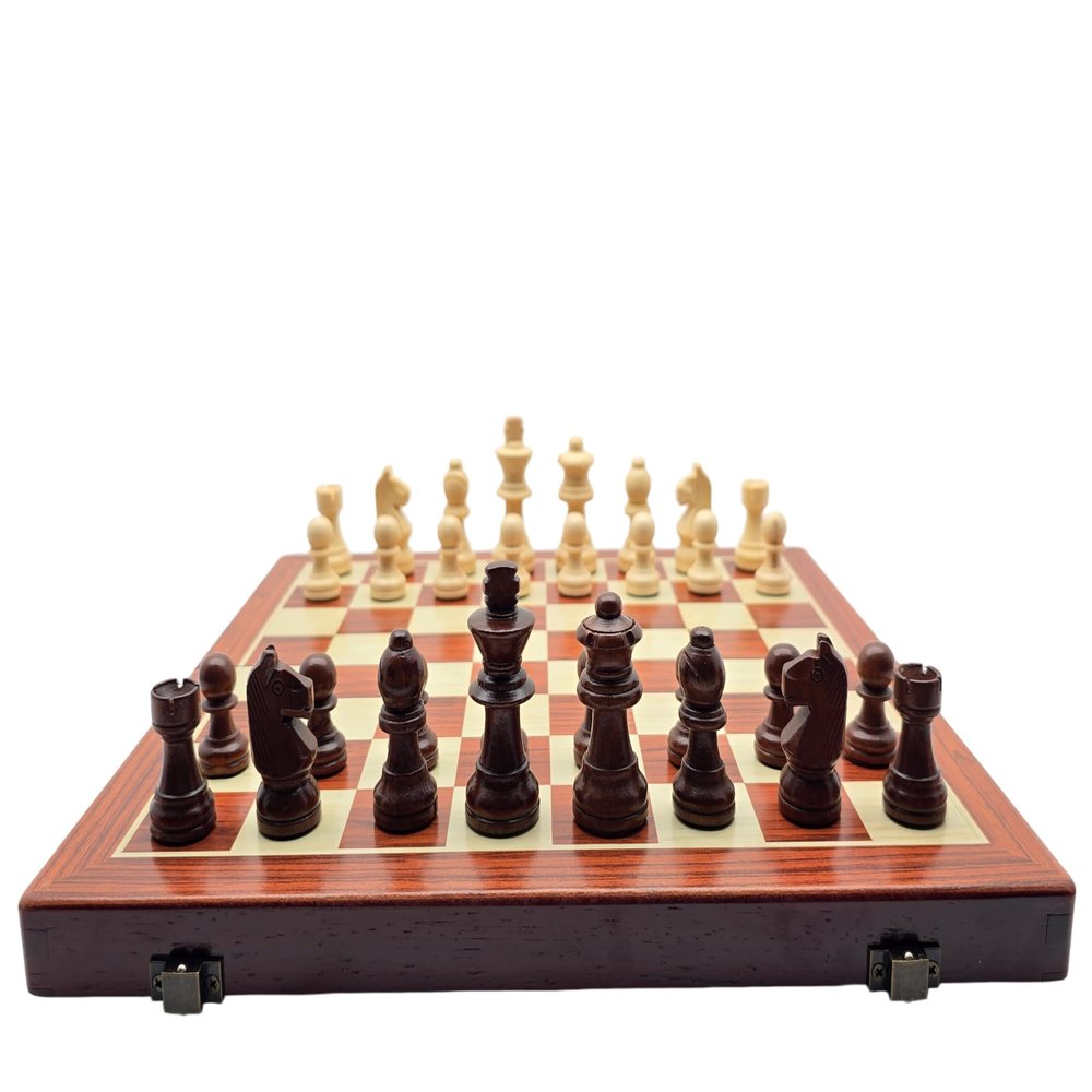 12in Foldable Wooden Chess Set, Portable Travel Chess Board Game with Built-in Storage Slots, Standard Staunton Solid Wood Chess Pieces, Educational Strategy Board Game for Adults KidsNon-Magnetic
