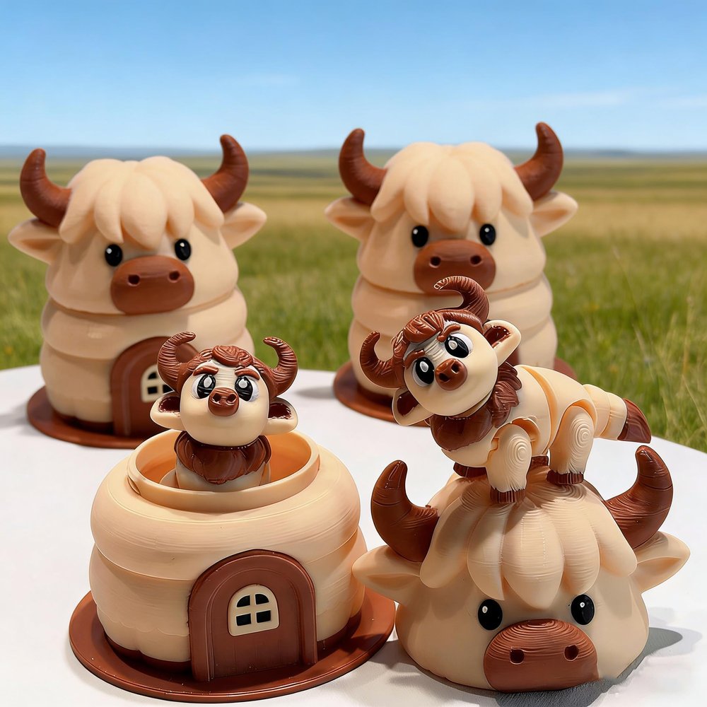 3D Print Cute Nerdy Highland Cattle + Highland Bull Cave Model Plastic Decorative Table Top Decoration Sculpture Ornaments Festival Gifts