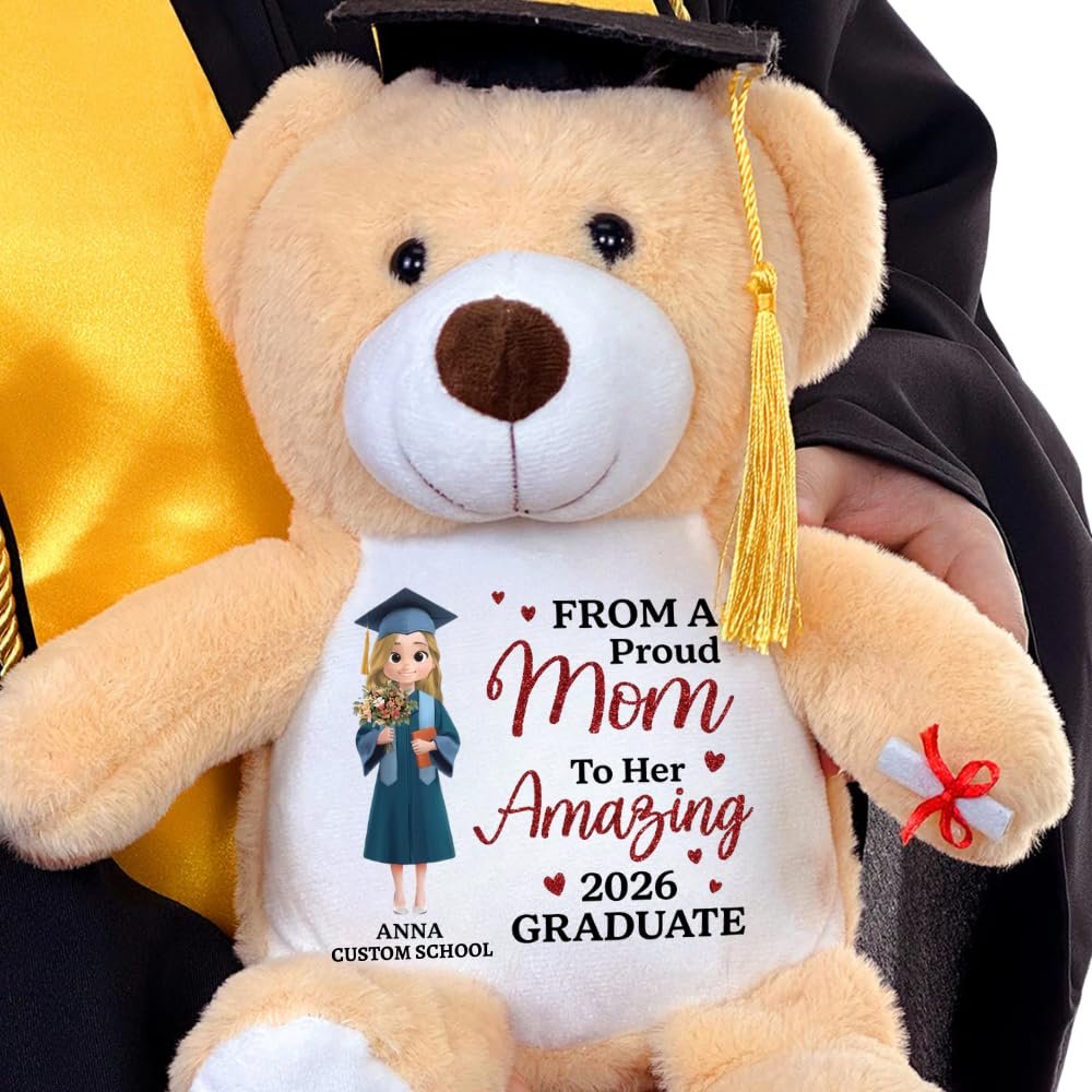 From A Proud Mom to Her Amazing 2026 Graduate, Proud Mom 2026 Personalized Graduation Teddy Bear, Daughter Graduation Bear from Parents, High School Graduation Bear for Girls, 2026 Graduation Gifts