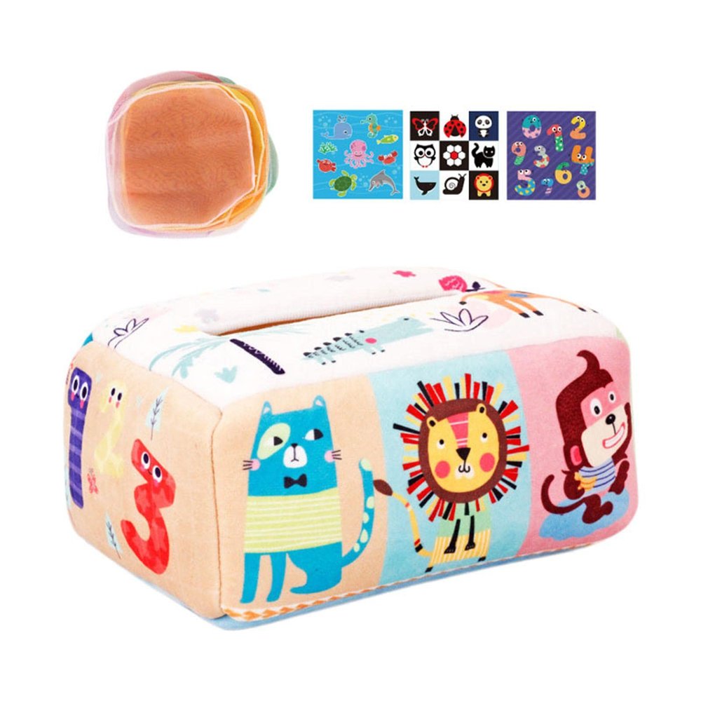 Baby Sensory Toy Tissue Box with Silky & Crinkle Tissues - Montessori Fine Motor Skills Developmental Pull Toy for Toddlers