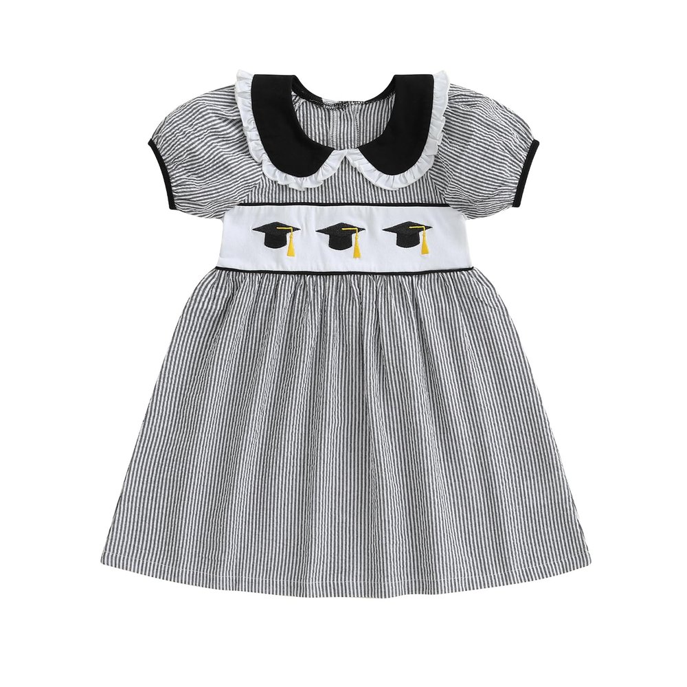 Toddler Back to School Outfits for Girls Summer Dresses Short Sleeve Doll Collar Apple Pencil Embroidery Clothes (Black, 3-4 Years)