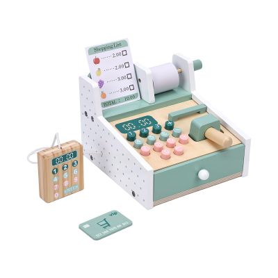 Qryselen Wooden Cash Register Toy, Cash Register Toy Set with Scanner, Play Money & Shopping Cards, Kids Cashier Role Play , Educational for Learning Math Skills