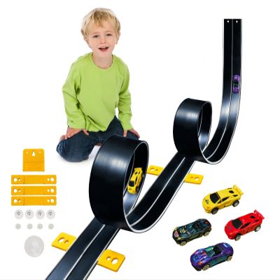 15 Ft Flexible Race Car Track for Kids,Flex Track Starter Set Compatible with Hot Wheels and Diecast 1/64th Cars,Portable Racetrack Roll Up Race Track with 4 Racecars and Suction Cups