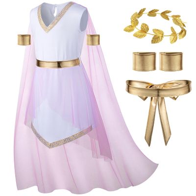 Girl's Toga Dress Greek God Outfit Roman Robe Cosplay Halloween Costume Accessories Set(PK 140) Pink