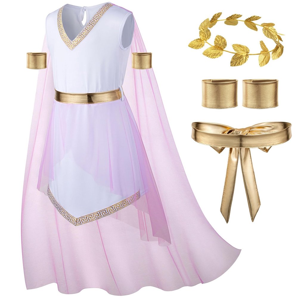 Girl's Toga Dress Greek God Outfit Roman Robe Cosplay Halloween Costume Accessories Set(PK 140) Pink