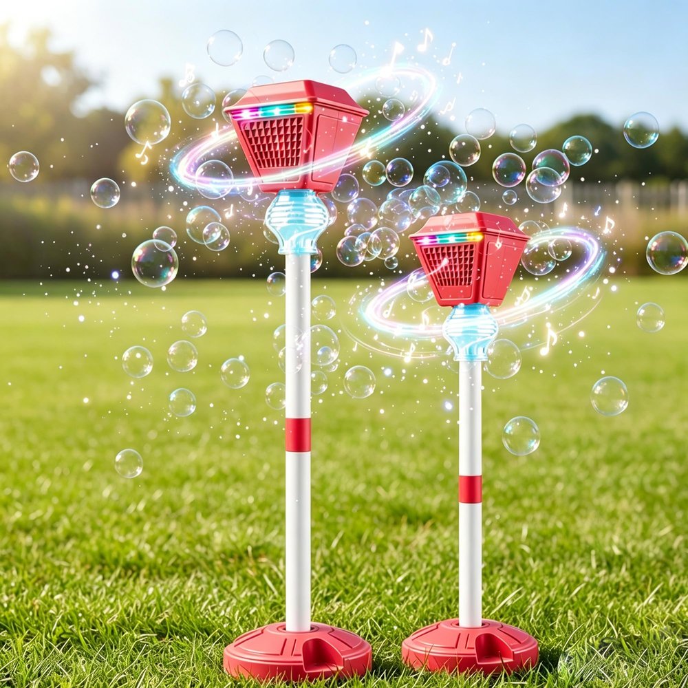 Automatic Standing Bubble Machine, Street Lamp Style Bubble Tower with Lights & Music, Adjustable Height Professional Bubble Maker for Wedding, Party, Outdoor Garden Events (Red, 2pcs)