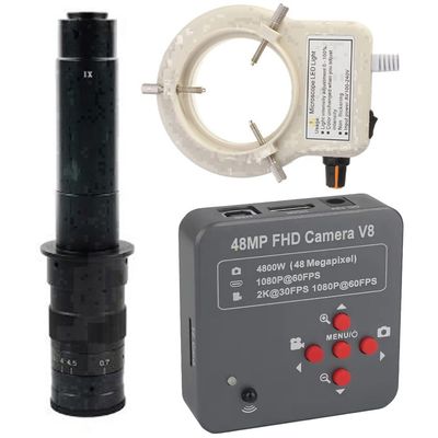 48MP 2K 1080P USB HDMI Industrial Digital Electronic Video Microscope Camera for Phone Soldering Repair & 300X C-Mount Lens Whit 56-LED Adjustable Ring Light