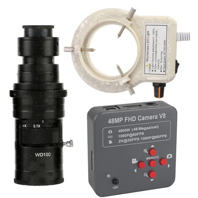 48MP 2K 1080P USB HDMI Industrial Digital Electronic Video Microscope Camera for Phone Soldering Repair & 200X C-Mount Lens Whit 56-LED Adjustable Ring Light