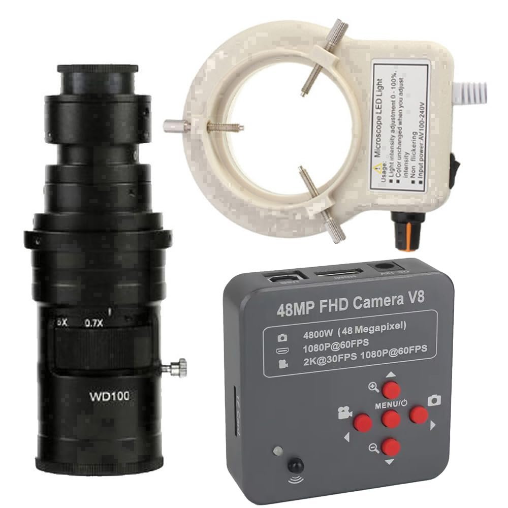 48MP 2K 1080P USB HDMI Industrial Digital Electronic Video Microscope Camera for Phone Soldering Repair & 200X C-Mount Lens Whit 56-LED Adjustable Ring Light