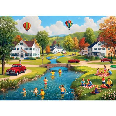 500 Piece Puzzle for Adults, Summer Village Puzzles, Colorful Countryside Scene with Swimming and Hot Air Balloons, Challenging Game Home Decor Birthday Party Gift Toy for Adults, 20.5 x15 in