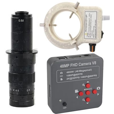 48MP 2K 1080P USB HDMI Industrial Digital Electronic Video Microscope Camera for Phone Soldering Repair & 180X C-Mount Lens Whit 56-LED Adjustable Ring Light