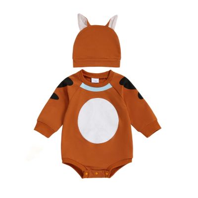 GINEVSAL Baby Girl Boy Halloween Costumes Black Cat/Dog/Dalmatian Long Sleeve Romper with Hat Set Halloween Outfit (Brown, 3-6 Months)