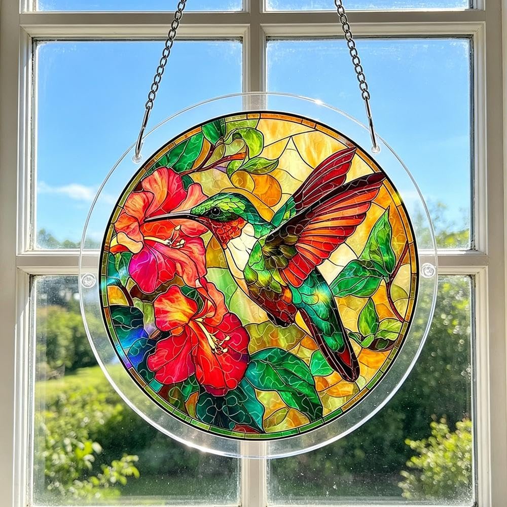 7.87 Inch Acrylic Puzzles Suncatcher Window Hanging, Unique Emerald Flame Hummingbird Acrylic Sun Catcher Puzzle Kit, Suncatchers for Doors Garden and Window Hanging, Colorful Gift for Puzzle Lover