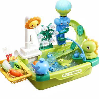 Toddler Sink, Toy Sink with Running Water, Toddler Play Set - Dinosaur Themed Kids Water Table with Fishing, Dishwashing & Slide, Electric Circulating System, 20in Plastic Toy for Toddlers