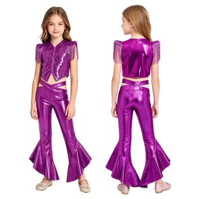 JEYPINMI Kids Girls Jazz Dance Costume Metallic Fancy Show Suit Vest with Ruffles Flared Pants Outfit for Performance Purple 16