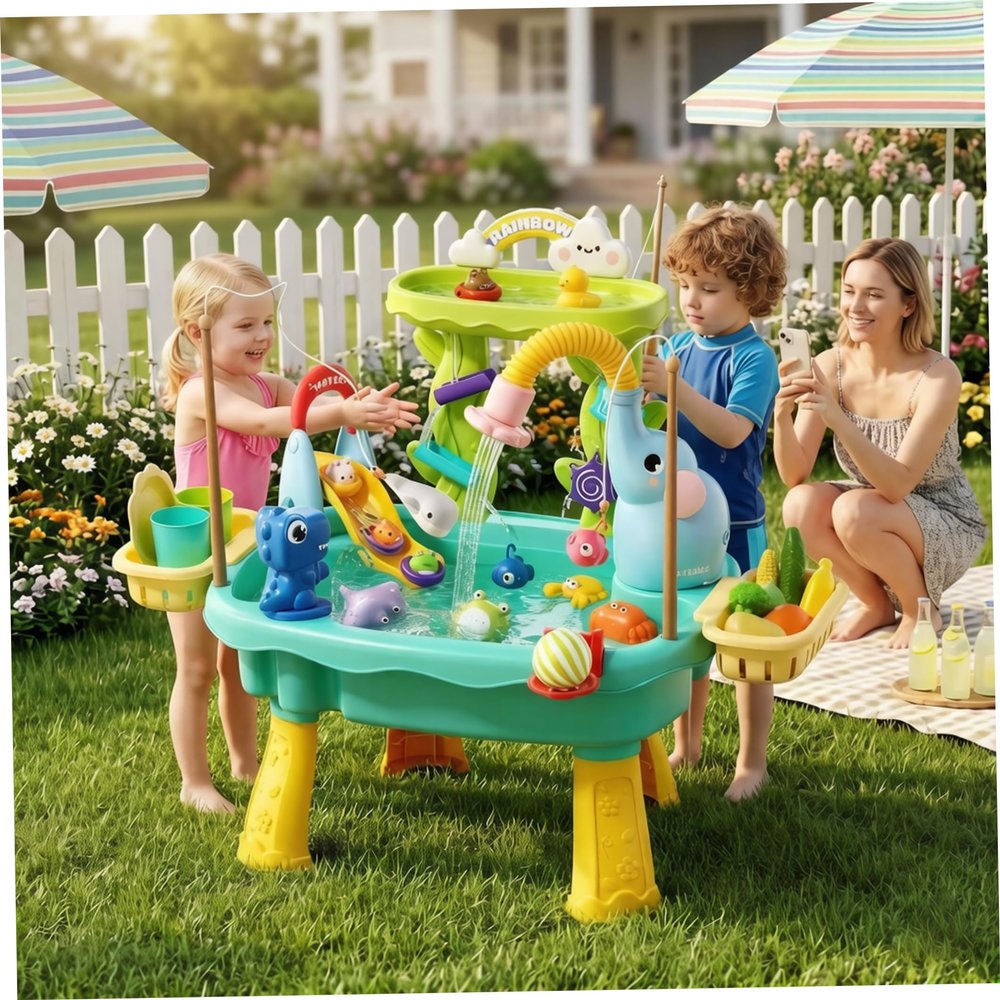 NewGtuizi Play Sink for Toddlers 1-3, Play Sink with Running Water Electric Recirculating Toy with Volcano Spray, Fishing & Slide Activities (Blue), Water Table for Toddlers 1-3, Table