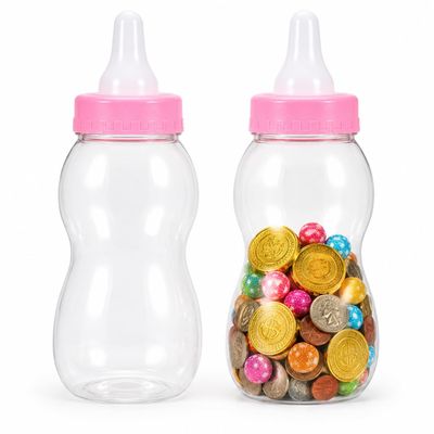 2 Pcs Baby Bottle Piggy Bank, 11 inch Bottle for Shower Game, Large Large, Clear Plastic Coin Saving Box for Kids Nursery Decor Shower Games, Pink