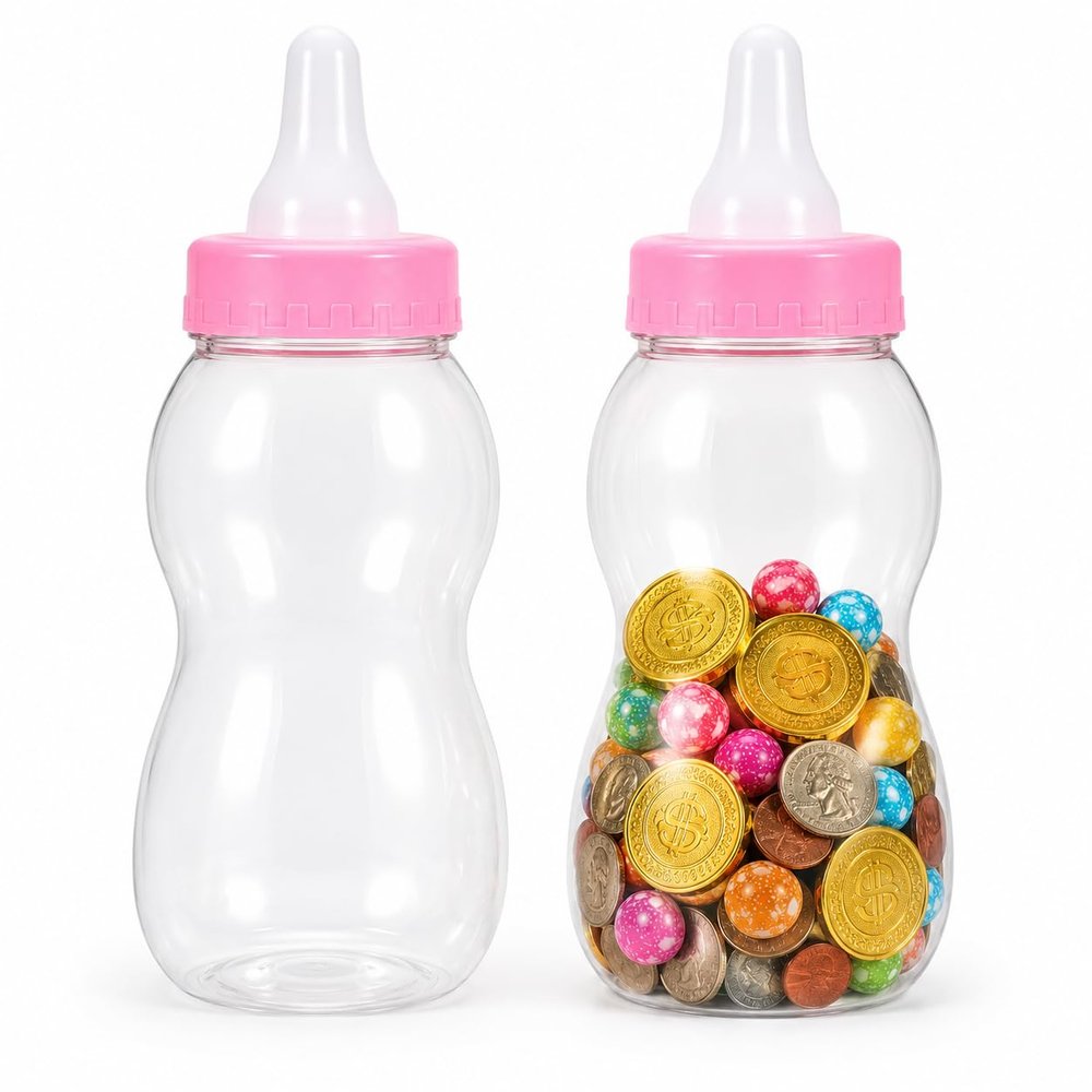2 Pcs Baby Bottle Piggy Bank, 11 inch Bottle for Shower Game, Large Large, Clear Plastic Coin Saving Box for Kids Nursery Decor Shower Games, Pink
