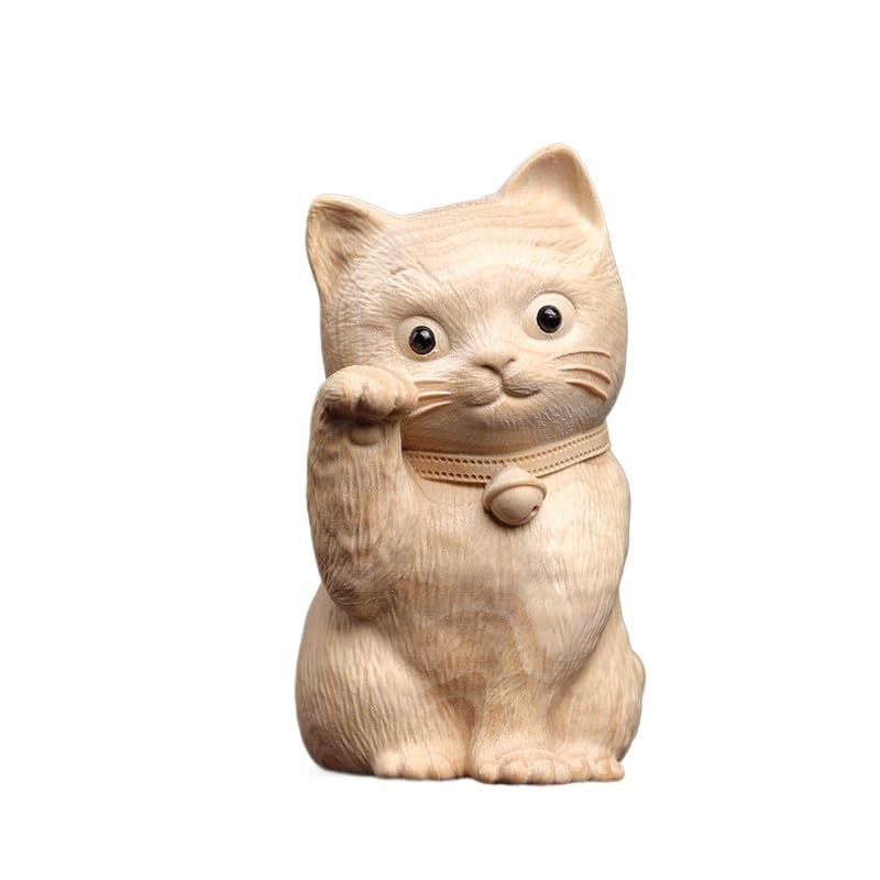 7cm Boxwood Lucky Cat Carving Statue Business Prosperity Zen Decor