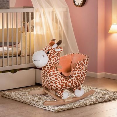 Giraffe Themed Plush Rocking Horse Kids Ride-On Chair Toy, Soft Animal Design, Stable