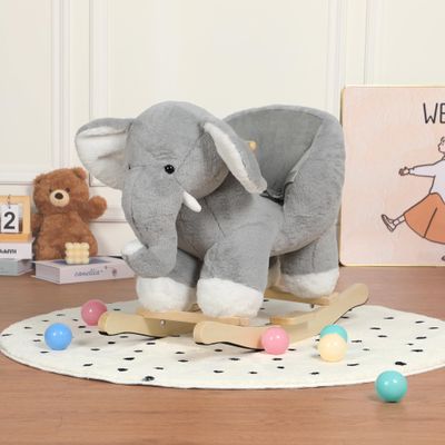 Kids Ride-On Rocking Horse Toy with Elephant Sounds,Elephant Rocking Toy with Hand Puppets and Safety Belt for Children 1-3 Years,Soft Plush Fabric,Grey