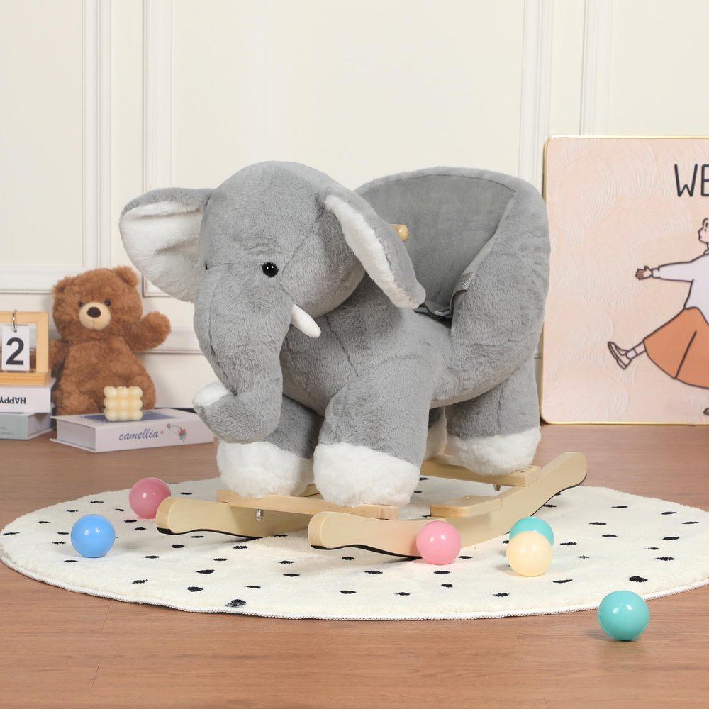 Kids Ride-On Rocking Horse Toy with Elephant Sounds,Elephant Rocking Toy with Hand Puppets and Safety Belt for Children 1-3 Years,Soft Plush Fabric,Grey